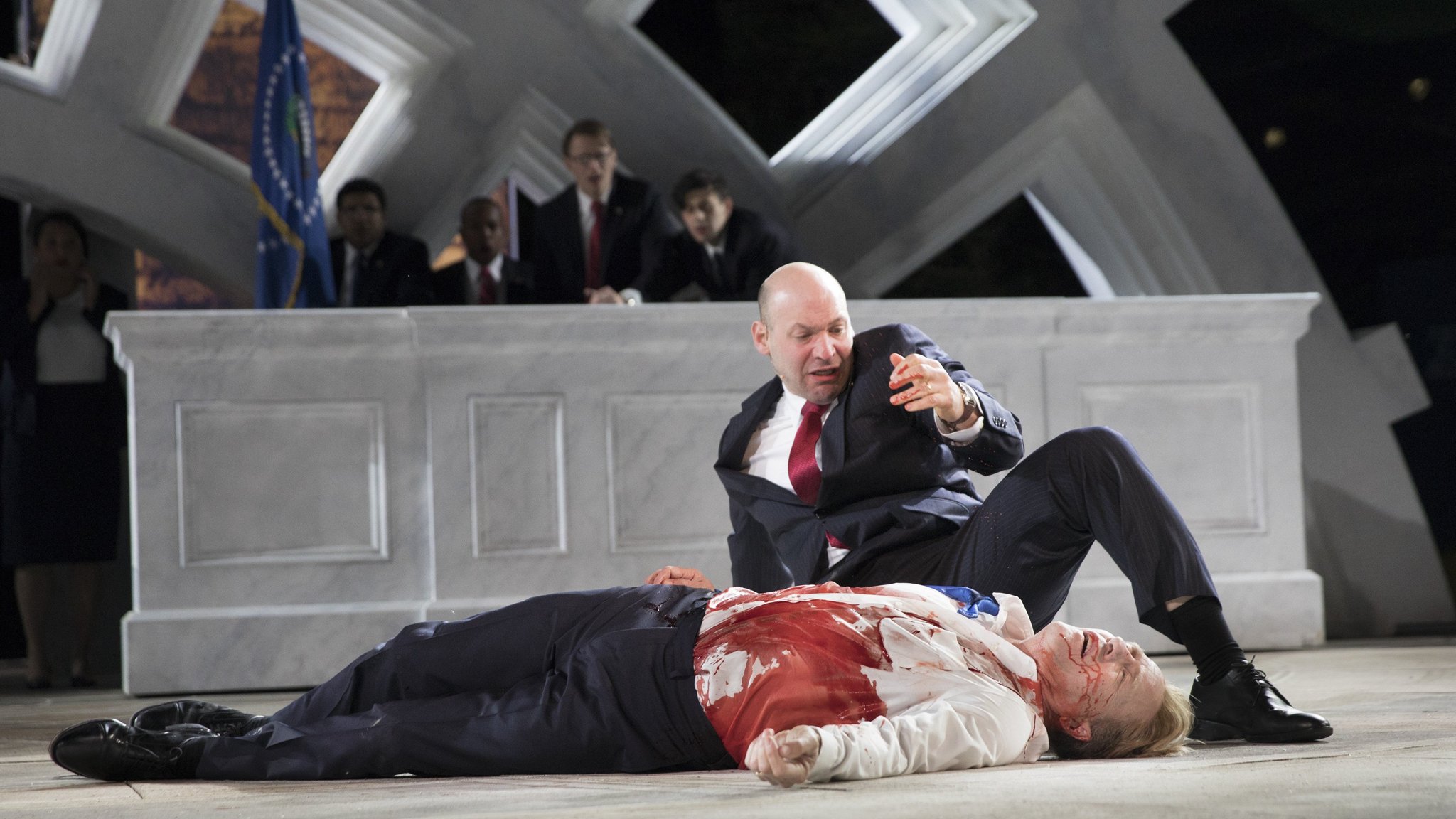 Corey Stoll, top, and Gregg Henry in "Julius Caesar," an adaptation that features an unmistakably Trumpian title character, at the Delacorte Theater in New York, May 21, 2017. In this divided post-election world, brands are weighing in on theater and news interviews, as they grapple with the fast-spinning wheels of social media and increasingly polarized consumer groups. (Sara Krulwich/The New York Times) Credit: New York Times / Redux / eyevine For further information please contact eyevine tel: +44 (0) 20 8709 8709 e-mail: info@eyevine.com www.eyevine.com *** Local Caption *** 14973915